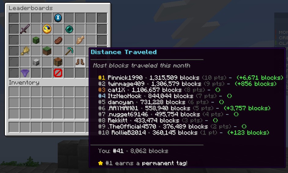 Distance Traveled board with delta indicators showing how many blocks each player has walked this month